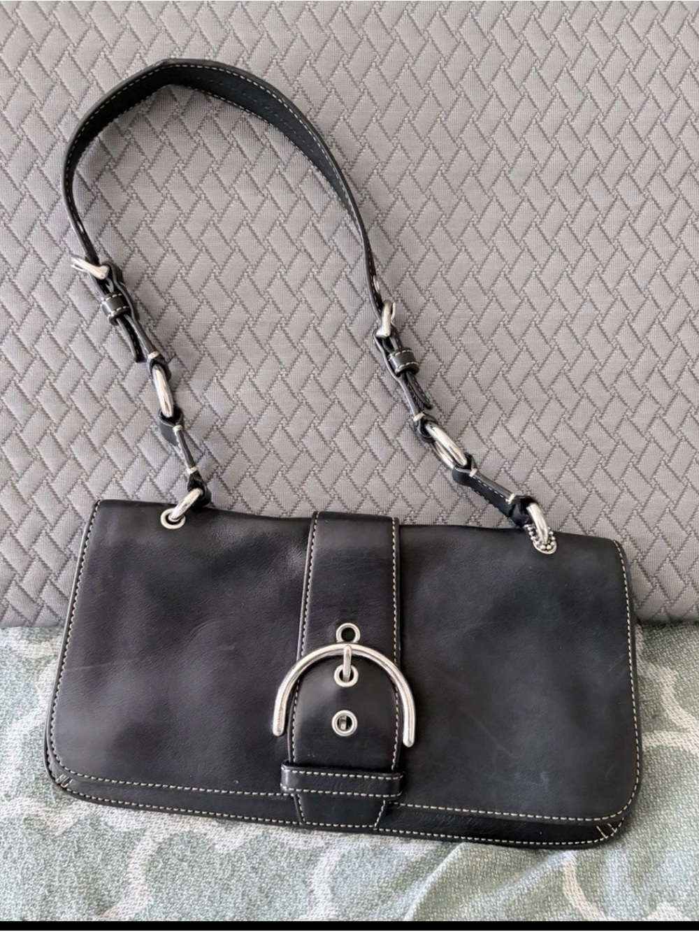 Vintage Coach Black Leather Shoulder Bag with Silver Buckle